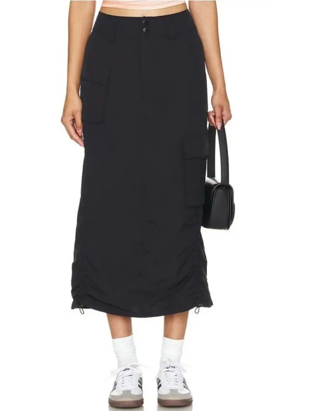 Superdown Milo Black Cargo Midi Skirt with Drawstring Hem Size Lg Nylon Ripstop